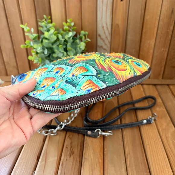 Sharif Peacock Feather Artsy Y2K Boho Crossbody w/Chain Shoulder Strap Statement - Picture 4 of 11